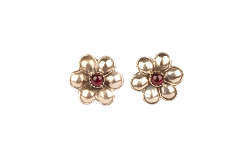Floral Bloom Silver Stud Earrings with Red Stone – 92.5 Sterling Elegance