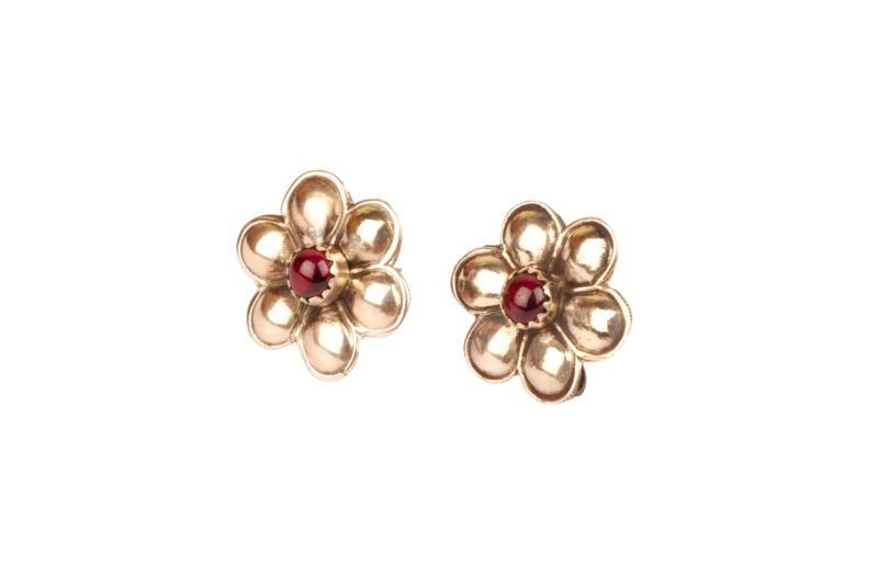 Floral Bloom Silver Stud Earrings with Red Stone – 92.5 Sterling Elegance - Image 2