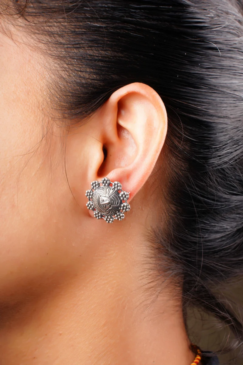 Tribal Goddess Oxidised Silver Stud Earrings – 92.5 Temple Style Heritage - Image 4