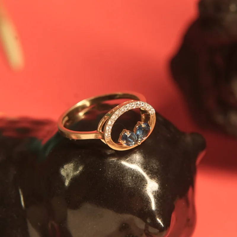 Elegant Half-Fan Diamond Ring with Deep Blue Enamel & Star Motif - Image 2