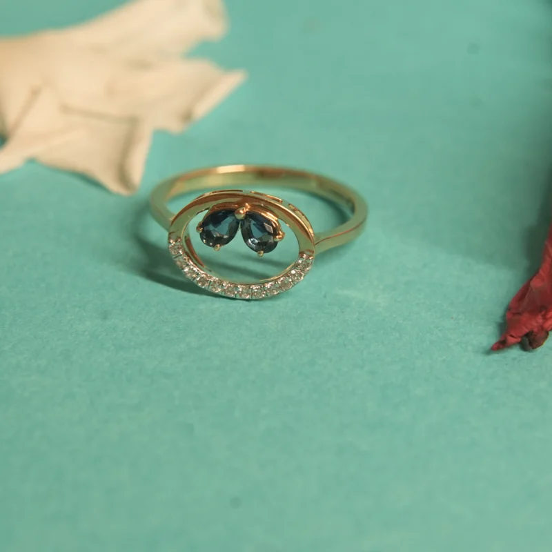 Elegant Half-Fan Diamond Ring with Deep Blue Enamel & Star Motif
