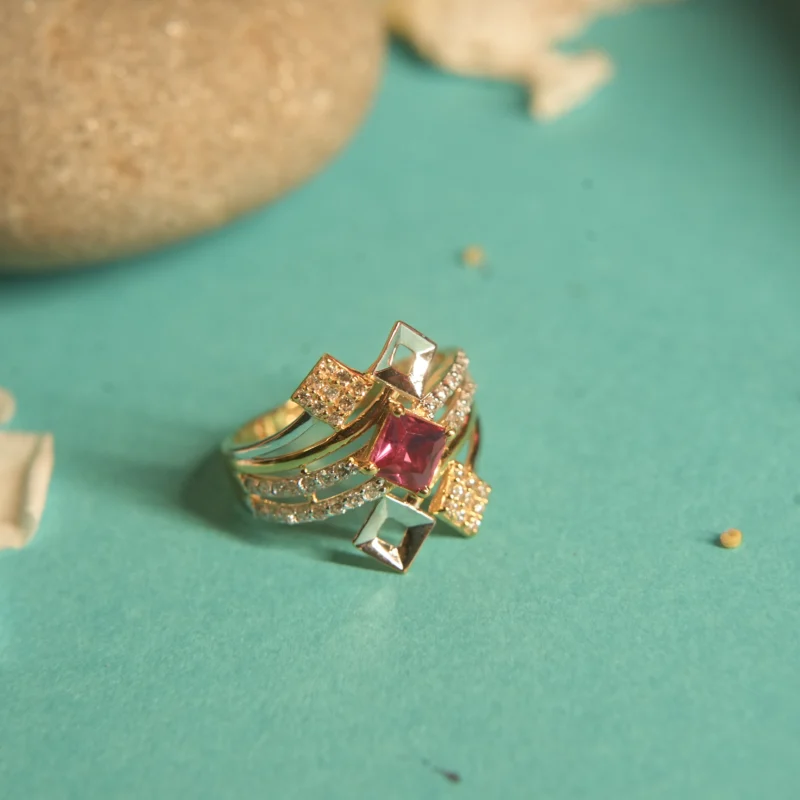 Luxurious 18KT Gold Zircon Ring with Ruby Pink Center Stone – Geometric Glamour