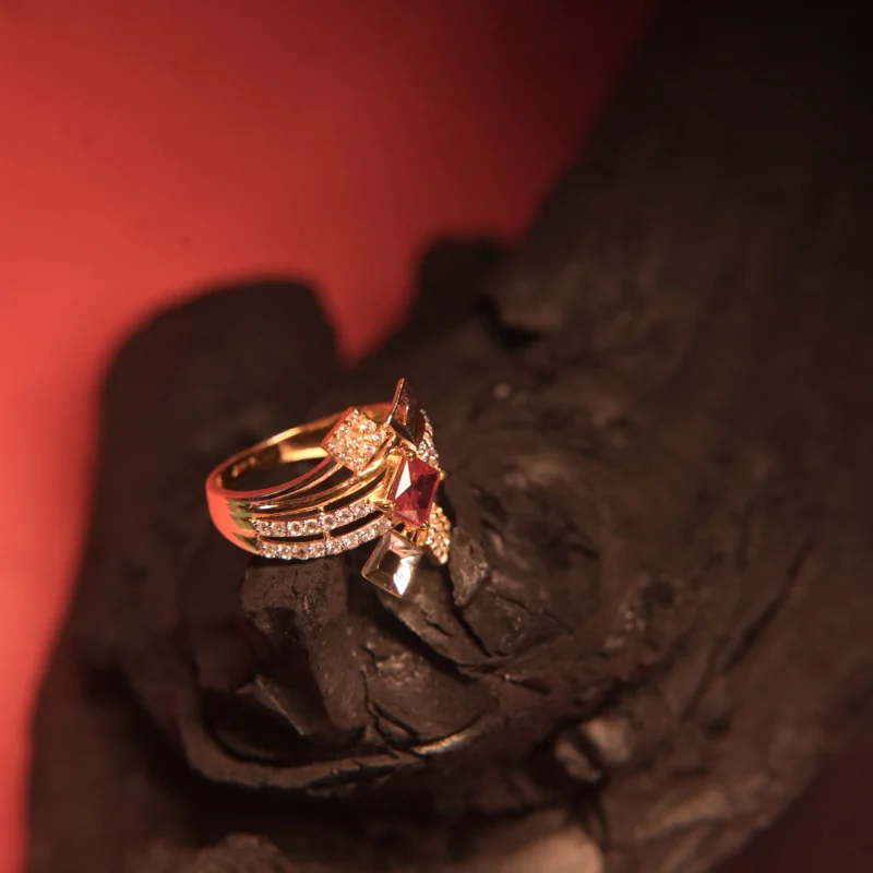 Luxurious 18KT Gold Zircon Ring with Ruby Pink Center Stone – Geometric Glamour - Image 2
