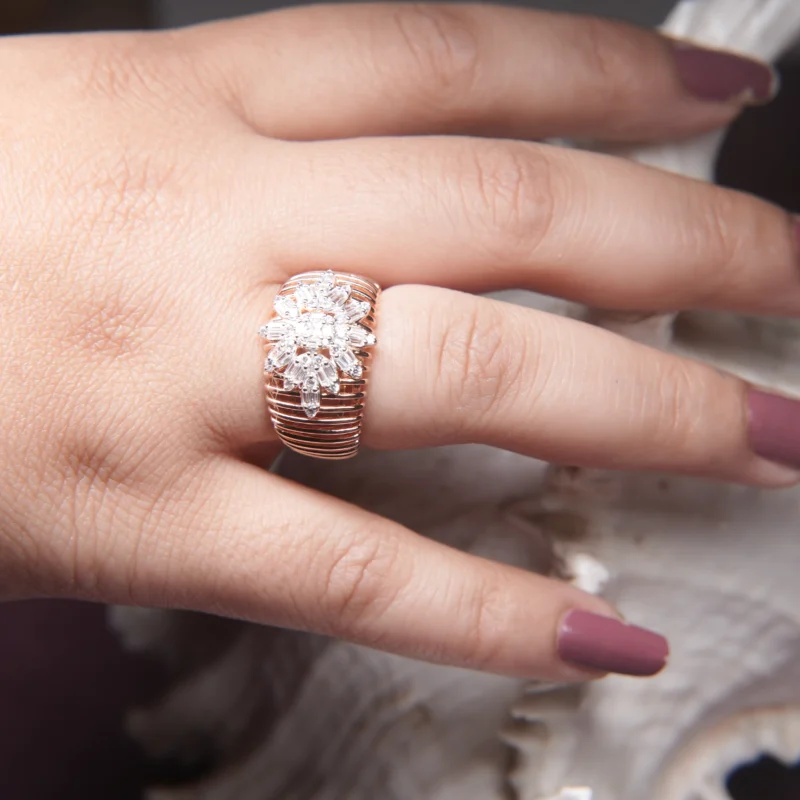 Luxury Rose Gold-Plated Sterling Silver Ring with Marquise-Cut Zircon Cluster - Image 3