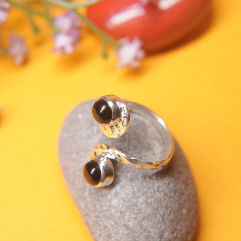 Handcrafted Sterling Silver Snake-Inspired Ring with Black Onyx Stones