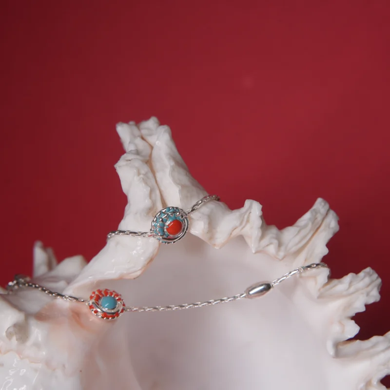 925 Silver Floral Charm Payal – Red & Turquoise Elegance - Image 2
