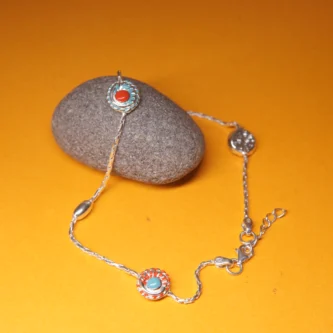 925 Silver Floral Charm Payal – Red & Turquoise Elegance