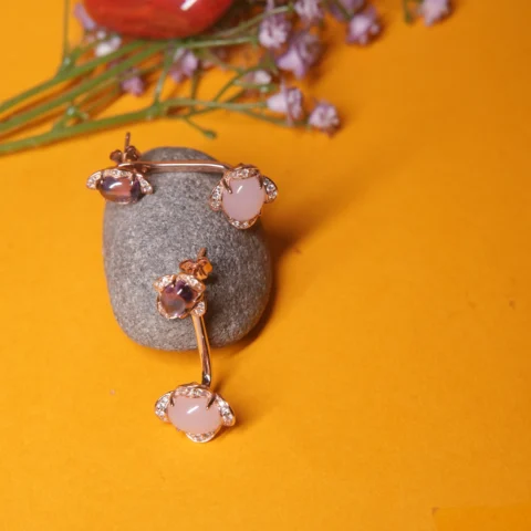 Blush Orchid Dual-Stone Designer Earrings – 925 Silver with Rose Gold Finish