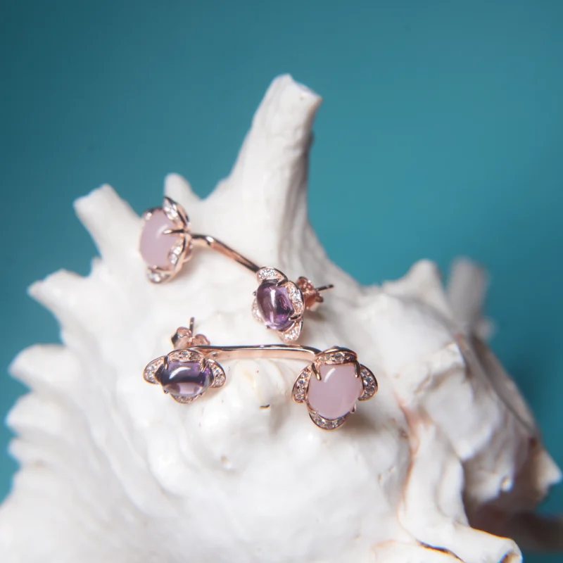 Blush Orchid Dual-Stone Designer Earrings – 925 Silver with Rose Gold Finish - Image 2