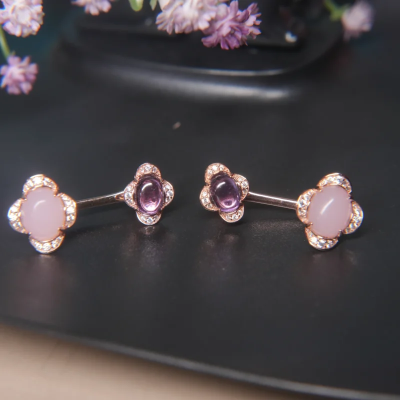 Blush Orchid Dual-Stone Designer Earrings – 925 Silver with Rose Gold Finish - Image 4