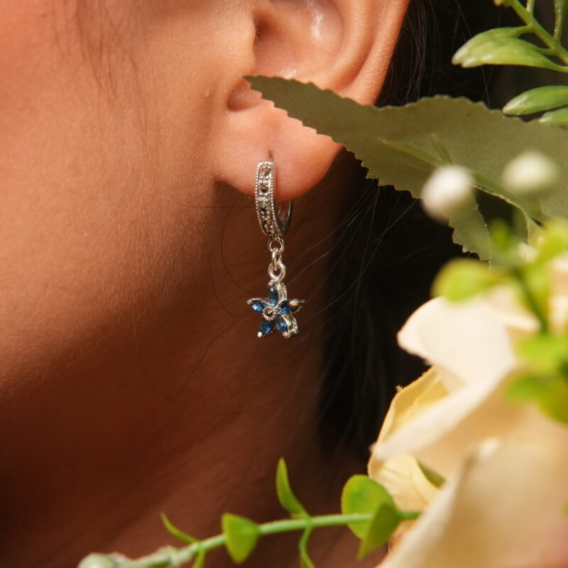 Charming 925 Sterling Silver Bali Earrings with Blue Floral Danglers – Delicate & Feminine Design - Image 3