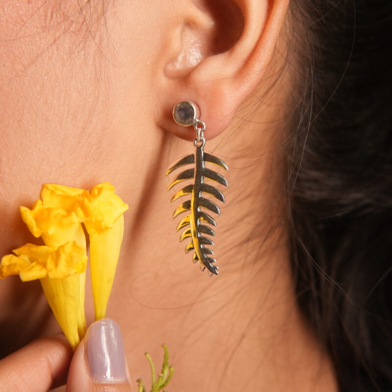 925 Sterling Silver Leaf Dangle Earrings with Natural Stone Stud - Image 3