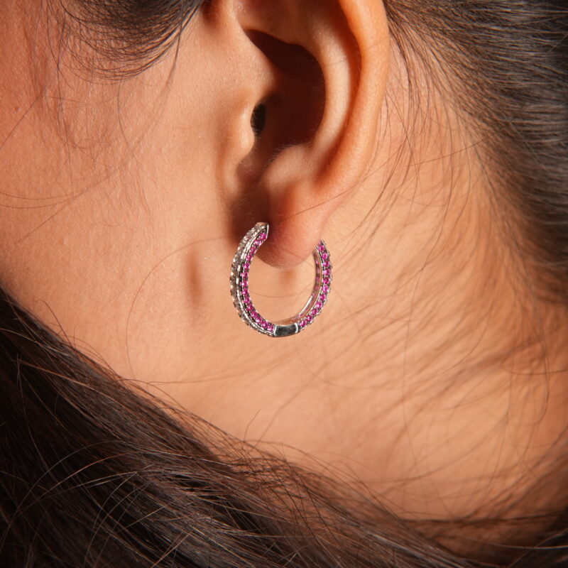 925 Sterling Silver Bali Hoop Earrings with Dual Row Zircon Stones – Sparkling Elegance in Pink & White - Image 3