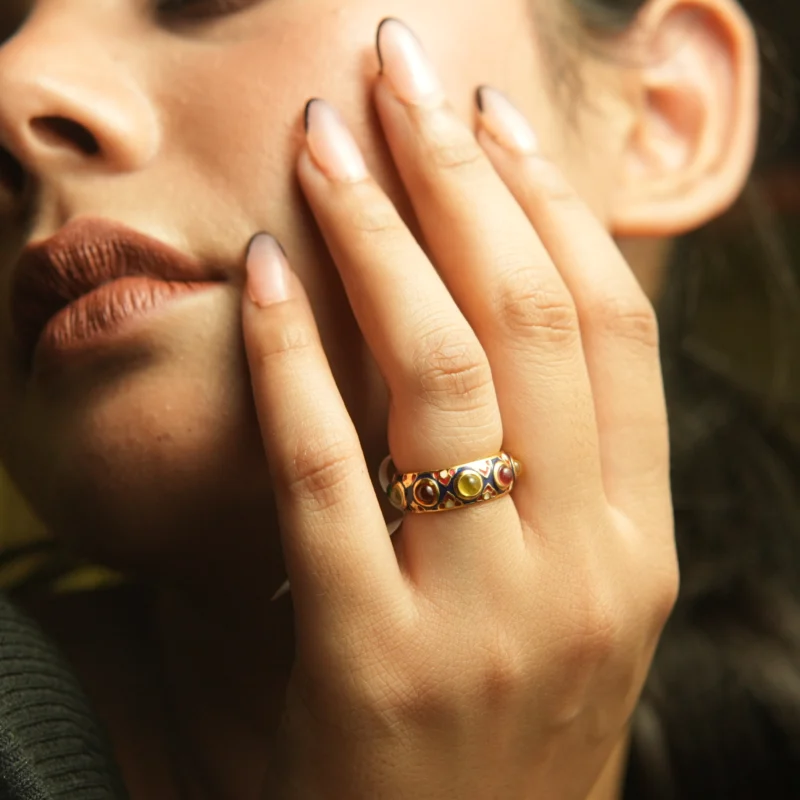 Traditional Navaratna Silver Ring – Gold-Plated with 9 Planetary Gemstones - Image 3