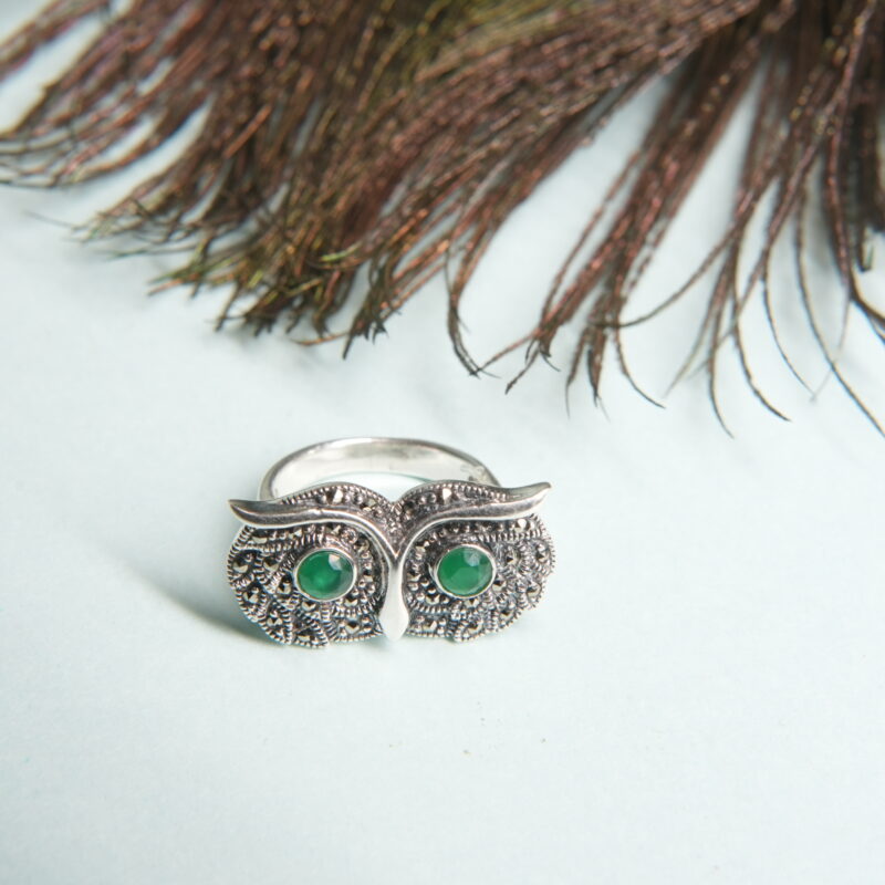 Whimsical 925 Sterling Silver Owl Ring with Green Gem Eyes – Handcrafted Antique Finish