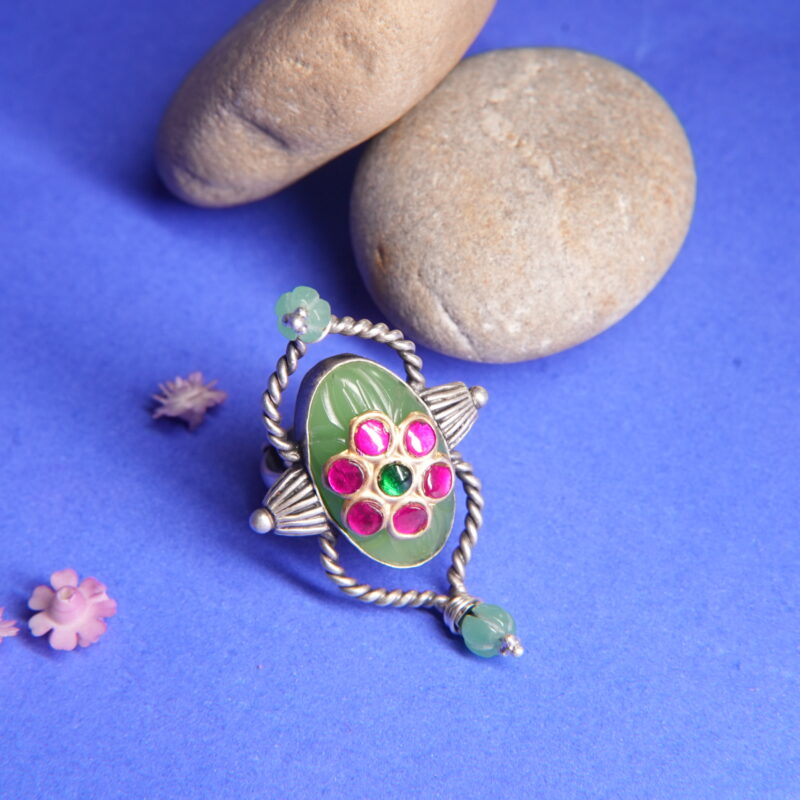 Handcrafted 925 Sterling Silver Floral Statement Ring with Green Onyx & Pink Meenakari Accents - Image 2