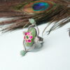 Handcrafted 925 Sterling Silver Floral Statement Ring with Green Onyx & Pink Meenakari Accents