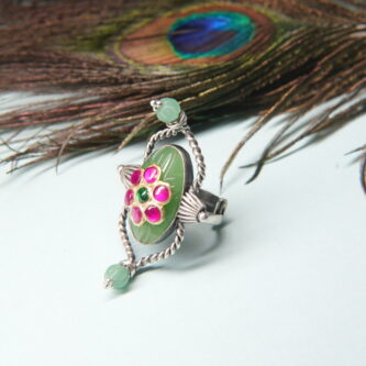 Handcrafted 925 Sterling Silver Floral Statement Ring with Green Onyx & Pink Meenakari Accents