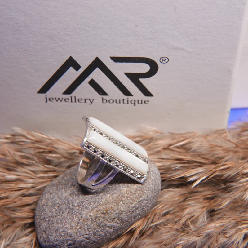 925 Sterling Silver Rectangular Designer Ring with White Enamel & Black Stone Accents