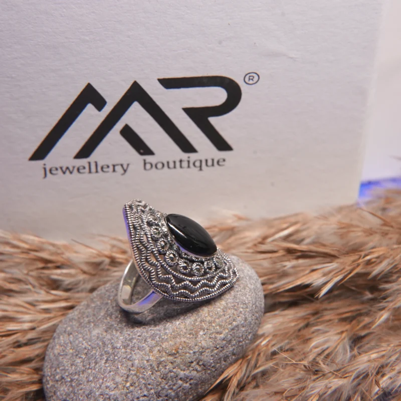 925 Oxidized Silver Marquise Ring with Black Onyx & Antique Detailing - Image 3