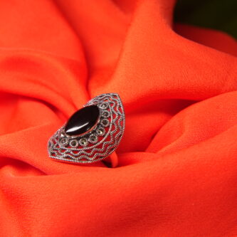 925 Oxidized Silver Marquise Ring with Black Onyx & Antique Detailing