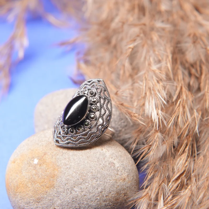 925 Oxidized Silver Marquise Ring with Black Onyx & Antique Detailing - Image 2