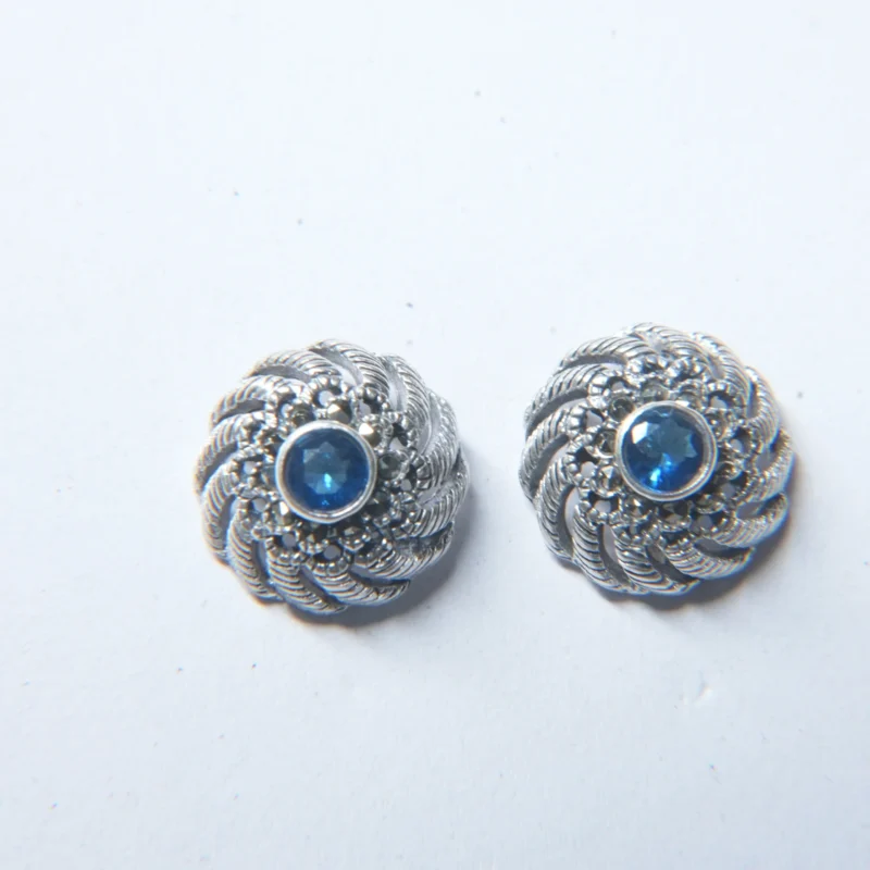 925 Sterling Silver Round Earrings with Blue Sapphire Stone - Image 2
