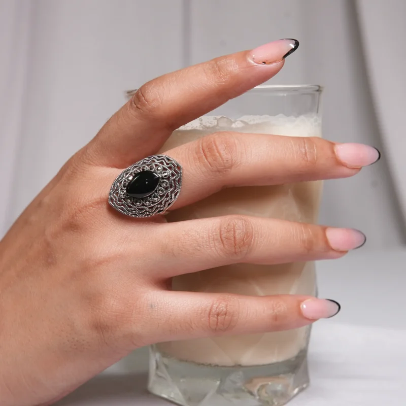 925 Oxidized Silver Marquise Ring with Black Onyx & Antique Detailing - Image 4
