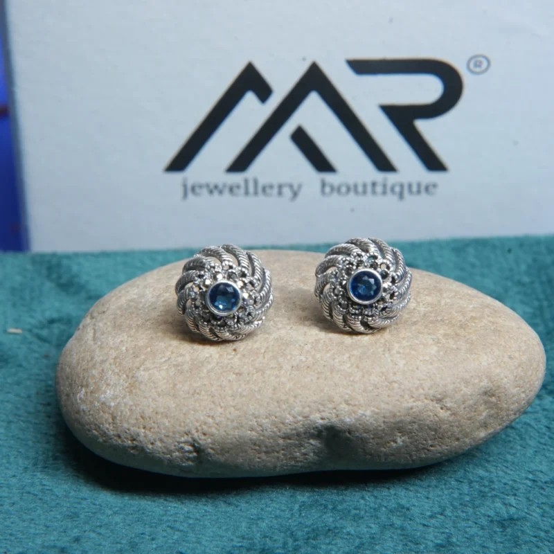 925 Sterling Silver Round Earrings with Blue Sapphire Stone - Image 3