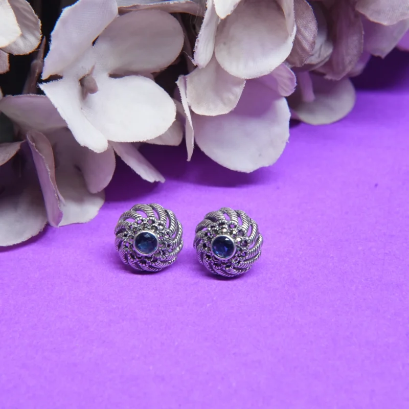 925 Sterling Silver Round Earrings with Blue Sapphire Stone