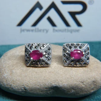 Exquisite Sterling Silver & Ruby Marcasite Stud Earrings