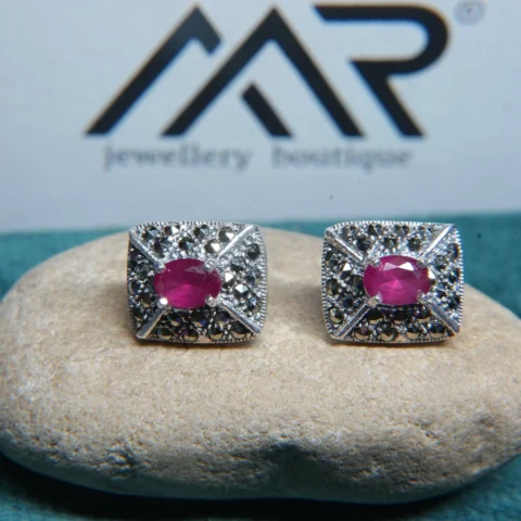 Exquisite Sterling Silver & Ruby Marcasite Stud Earrings