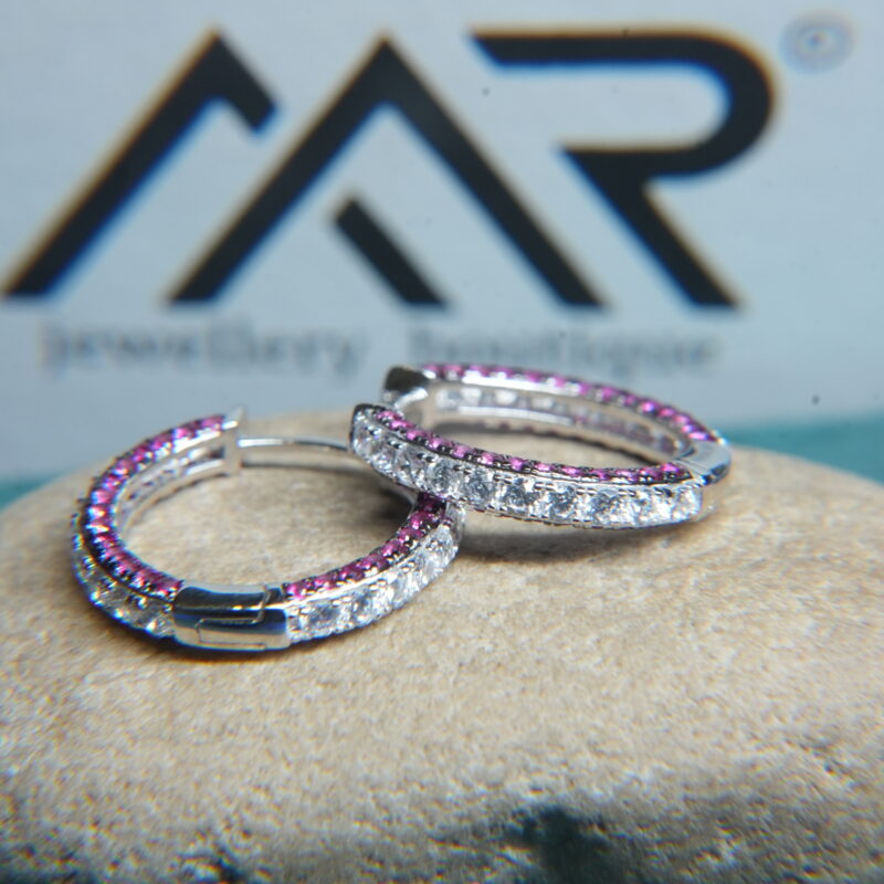 925 Sterling Silver Bali Hoop Earrings with Dual Row Zircon Stones – Sparkling Elegance in Pink & White