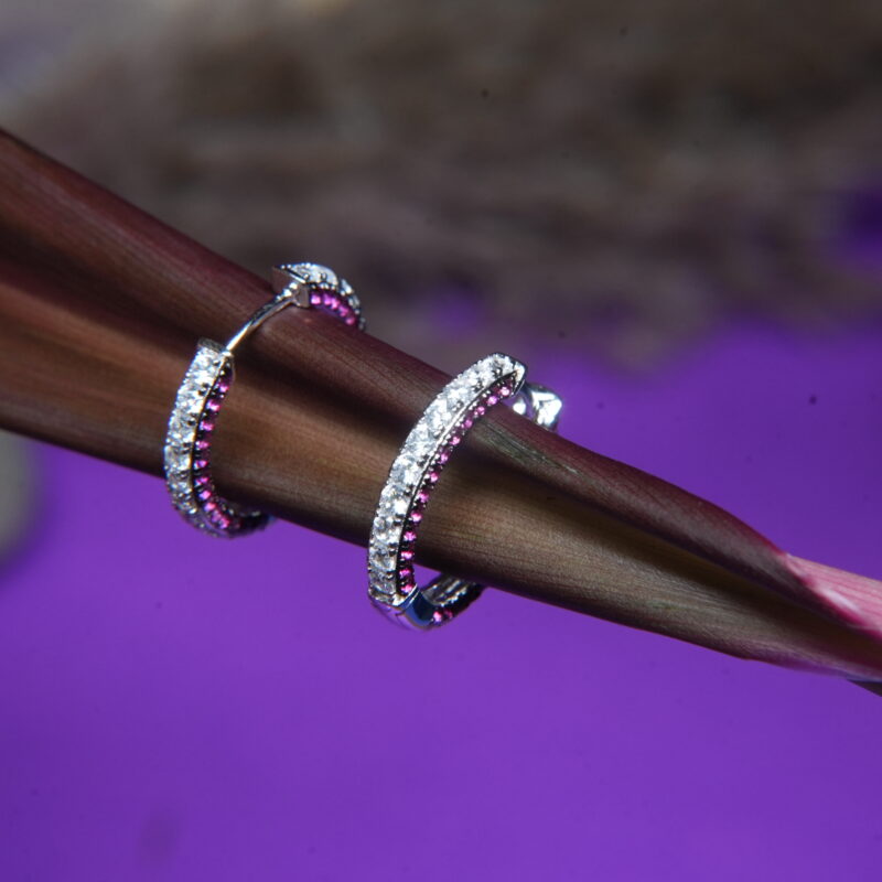 925 Sterling Silver Bali Hoop Earrings with Dual Row Zircon Stones – Sparkling Elegance in Pink & White - Image 2