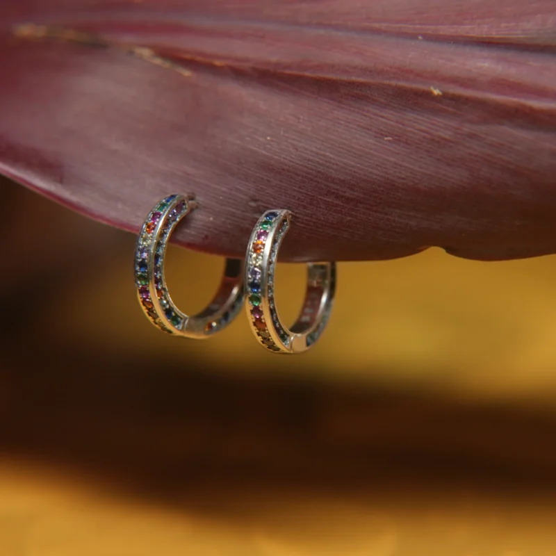 Elegant Sterling Silver Rainbow Stone Bali Earrings – Minimalist Everyday Hoops