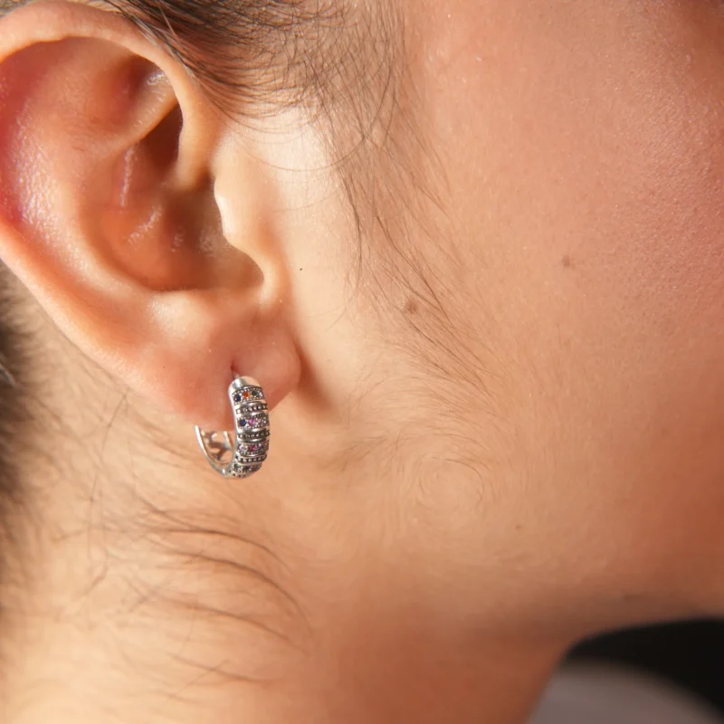 925 Silver Multi-Stone Pavé Bali Earrings – Glamorous Hoops for Everyday Shine - Image 4