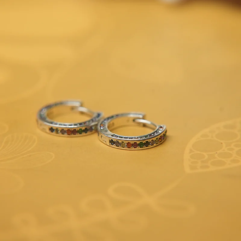 Elegant Sterling Silver Rainbow Stone Bali Earrings – Minimalist Everyday Hoops - Image 2