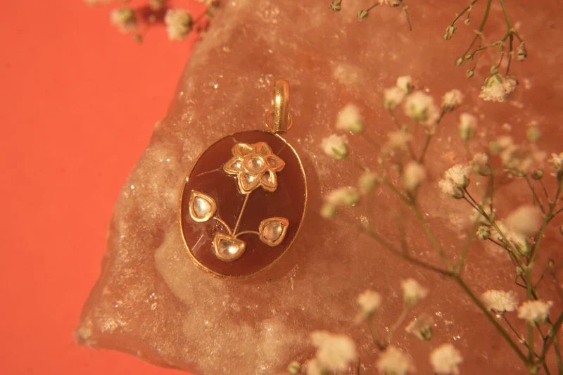 Vintage Bloom 925 Silver Pendant with Floral Kundan Work on Terracotta Enamel