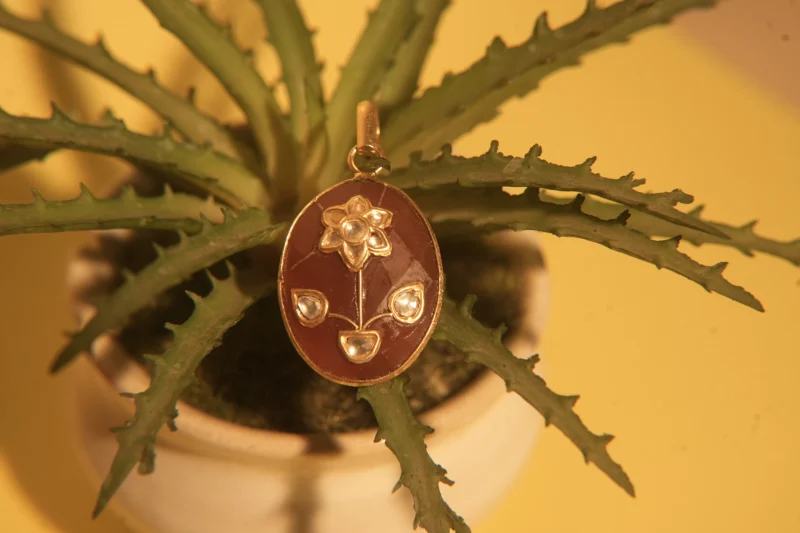 Vintage Bloom 925 Silver Pendant with Floral Kundan Work on Terracotta Enamel - Image 2
