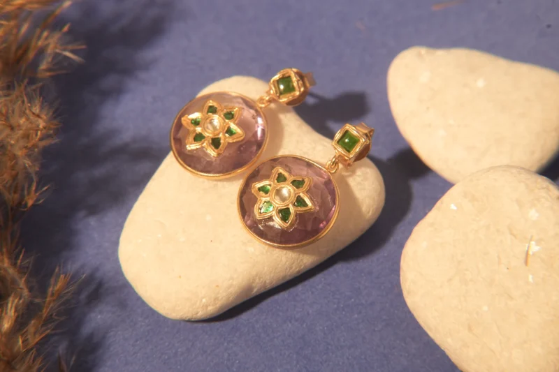 Floral Royalty 925 Silver Earrings with Amethyst & Green Stone Inlay