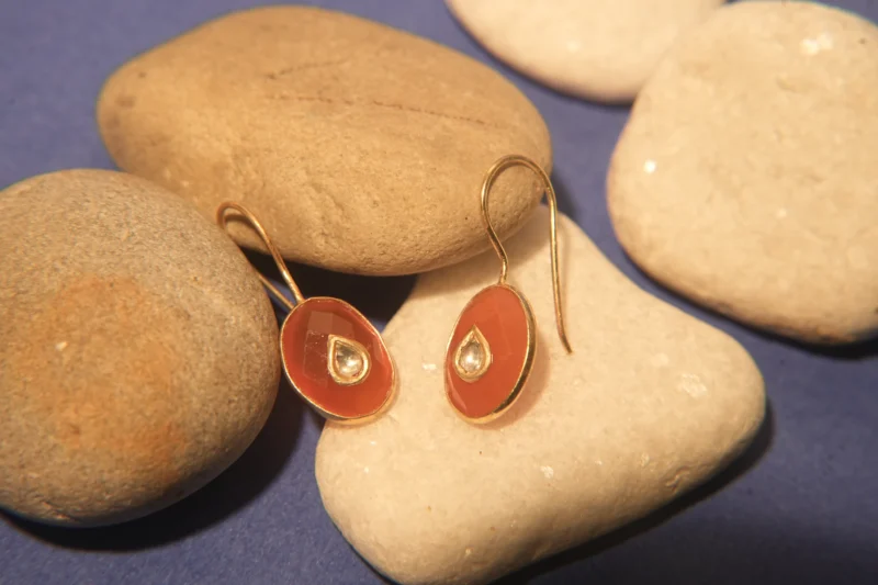 Rust Orange Enamel Teardrop Silver Earrings with Quartz Accent
