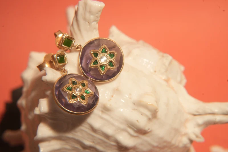 Floral Royalty 925 Silver Earrings with Amethyst & Green Stone Inlay - Image 2