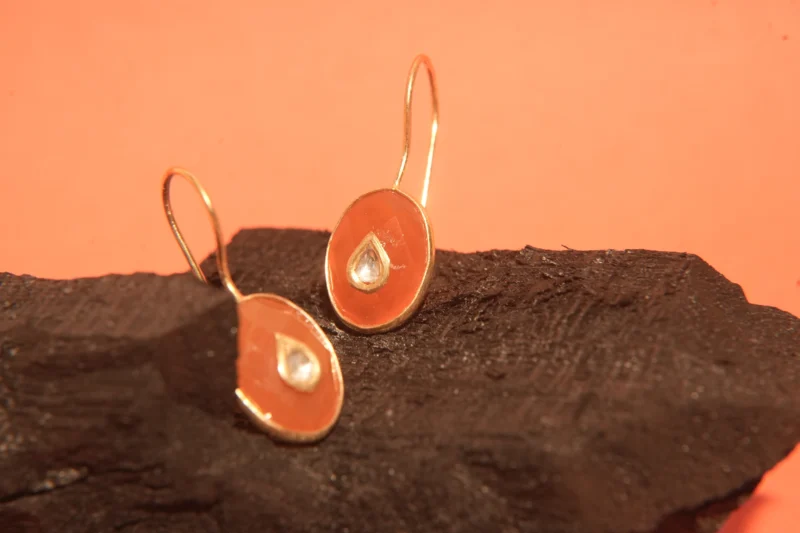 Rust Orange Enamel Teardrop Silver Earrings with Quartz Accent - Image 2
