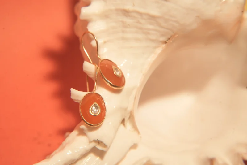 Rust Orange Enamel Teardrop Silver Earrings with Quartz Accent - Image 5