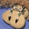 925 Sterling Silver Green Stone & Black Enamel Drop Earrings with Zircon Accents