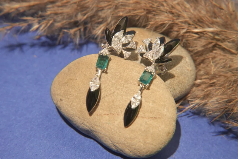 925 Sterling Silver Green Stone & Black Enamel Drop Earrings with Zircon Accents