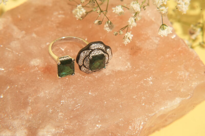 Elegant Silver Dual-Green Zircon Ring with Floral Accents - Image 3