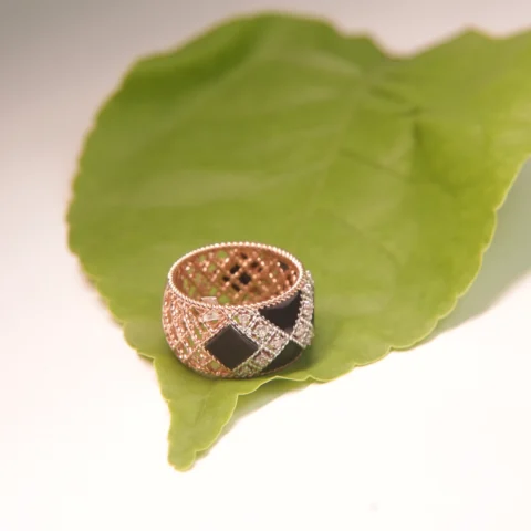 14kt Rose  Gold Ring with Black Enamel & Diamond Accents