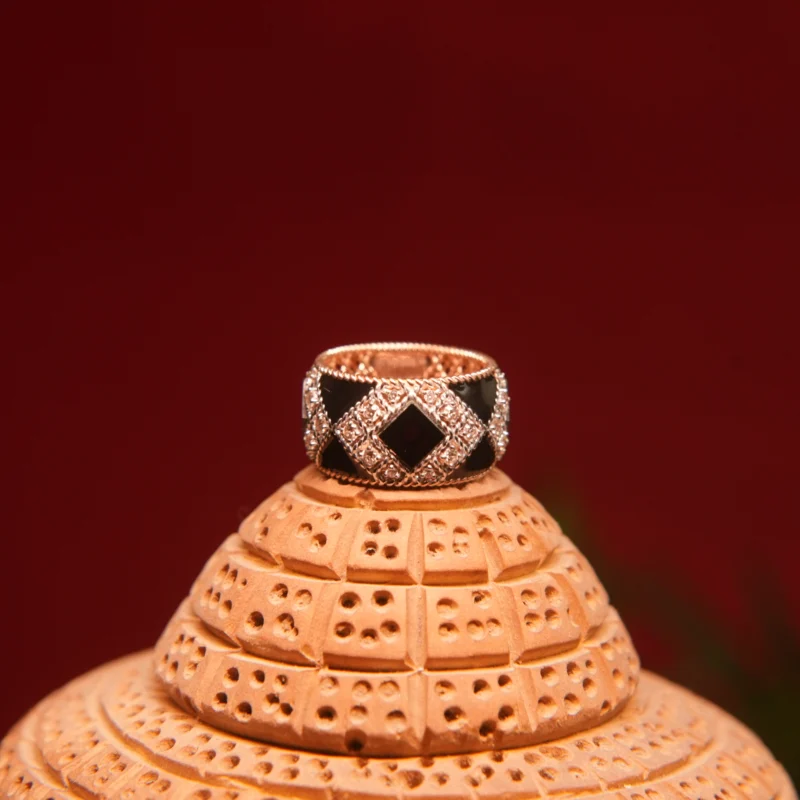 14kt Rose  Gold Ring with Black Enamel & Diamond Accents - Image 4