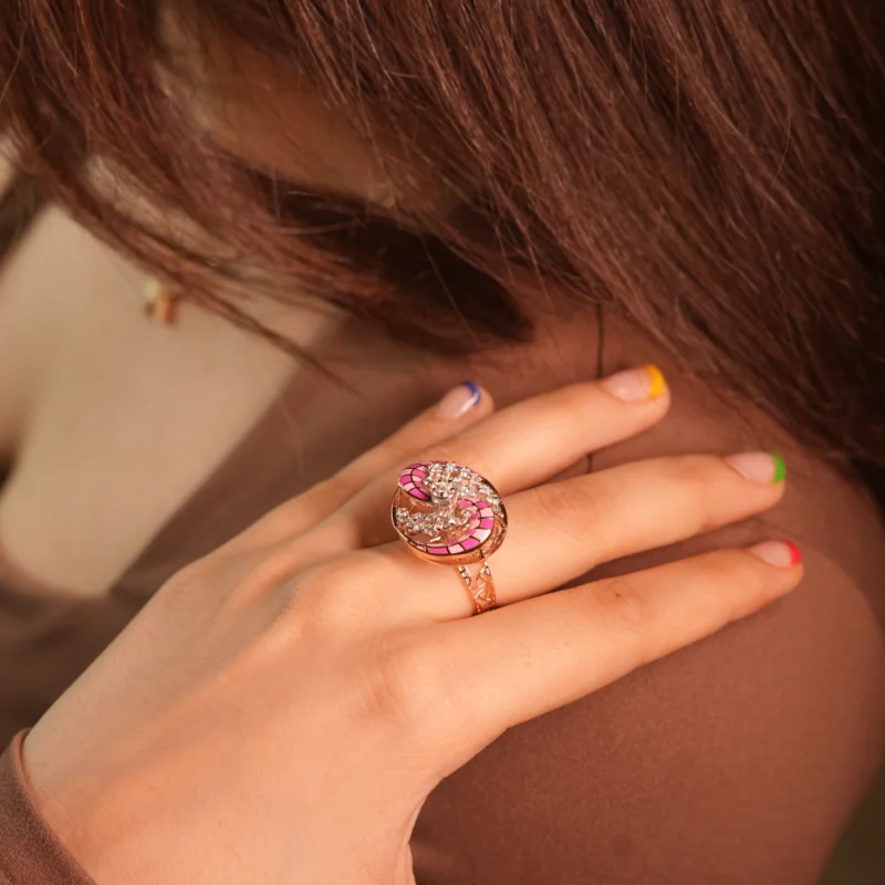 Designer Gold Diamond Ring with Pink Enamel Detailing - Image 4